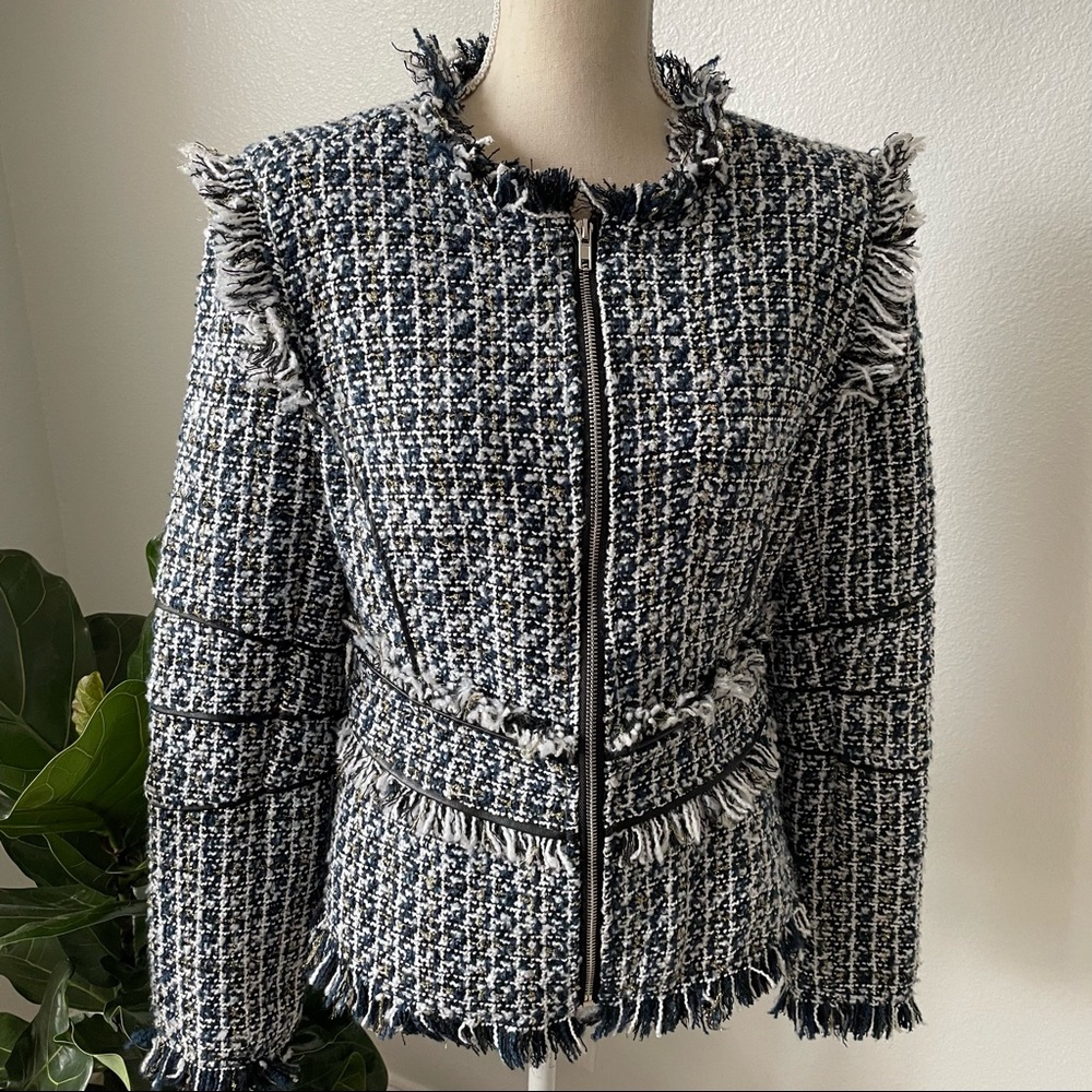 Walter Baker Black and White Tweed Fringe Zip Jacket